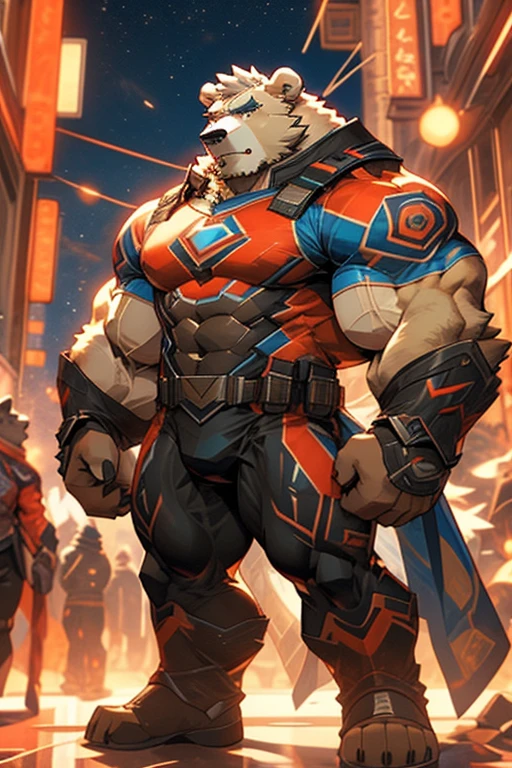 City background,futuristic city,Skyscraper,daytime,(((Tights))),Huge muscles,Huge pectoral muscles,Chiseled abdominal muscles,super hero,hero,A furry hero。Huge muscles。(((His hero costume is black and red))),anthropology(polar bear),Brown eyes。A furry hero whose presence inspires trust and respect.muslos musculosos huges firmes.