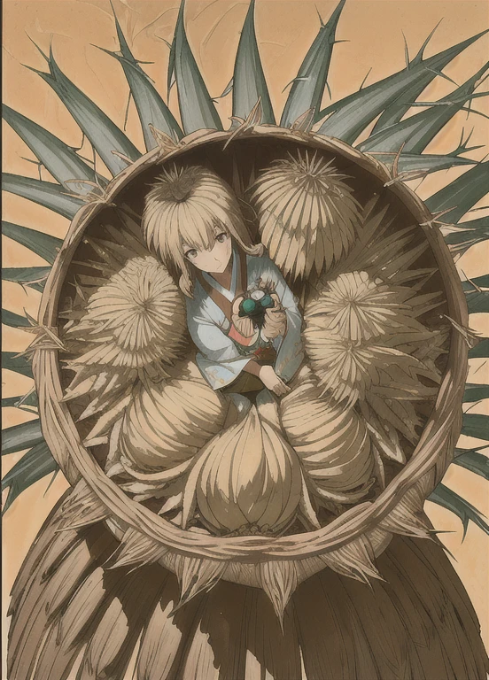 Close-up photo of a Japanese woman holding a round agave absurdres, Hasselblad,desert