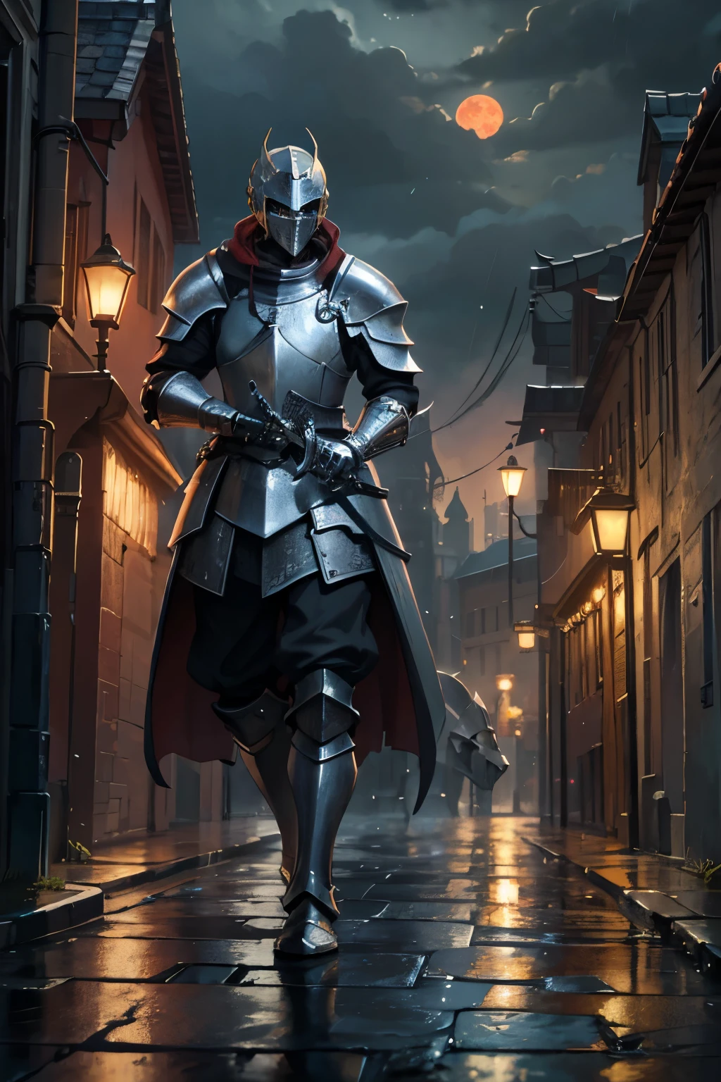 fantasy art, RPG art, high details, best quality, 16k, RAW, [best detailed], masterpiece, best quality, (extremely detailed), (full body: 1.2), ultra wide shot, photorealistic, a (noble knight: 1.3) rides his white-horse in the dark streets of a medieval town, its raining heavy rain, the rain drops on the noble knight, drops on the street, puddles in the street, the knight wears (heavy armor :1.3), (((wearing skull-helmet))), armed with a (intricate sword: 1.3), the street is dark, lit by torches, a (fantasy temple: 1.2) in the background, fantasy urban town setting, cloudy night, full red moon,