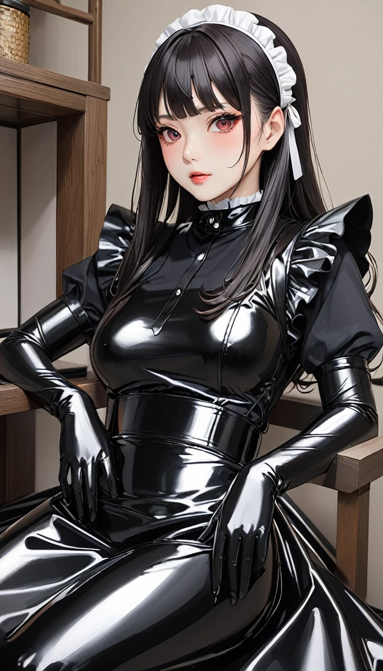 25Old Japanese woman、(Beautiful Face)、(Black latex maid outfit)、Black latex long skirt、Black latex long sleeve shirt、Long gloves in black latex、Latex has a very strong shine、