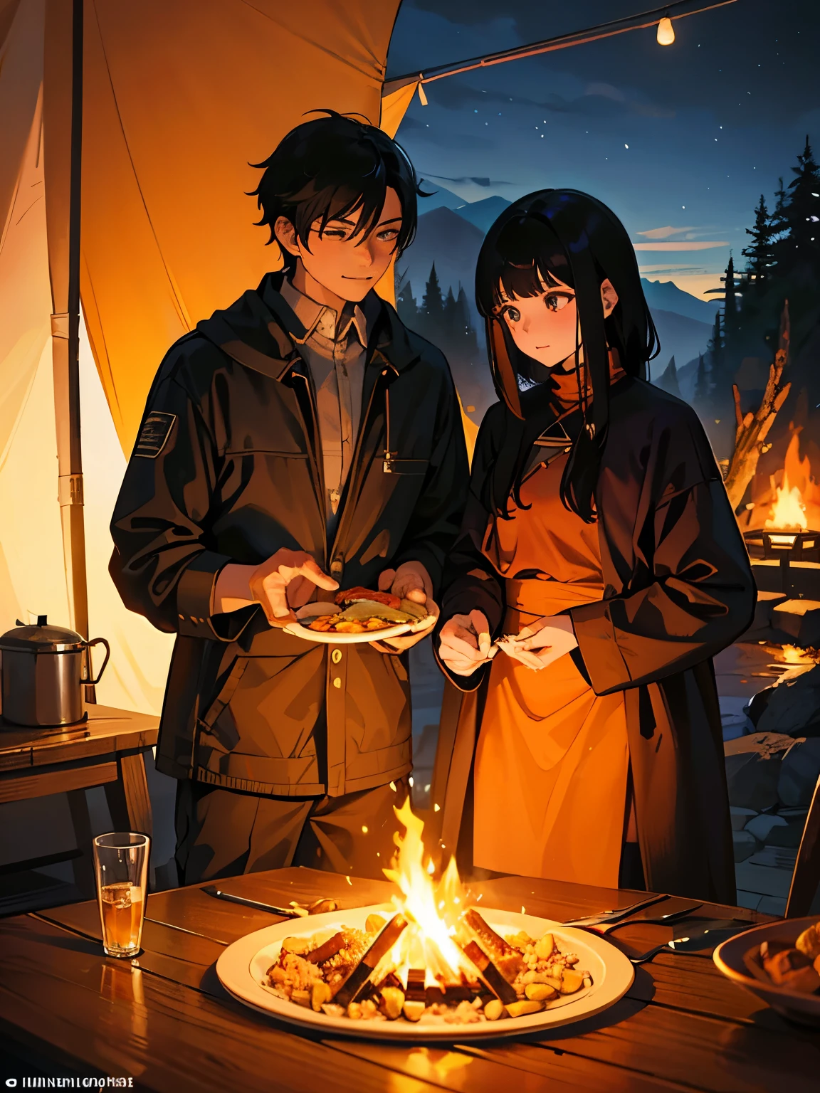 1real Indonesian man aged 25 years, with short, glossy black hair, stands alongside a 25-year-old Indonesian woman with thin, sleek black tresses, both embodying the essence of a pair of enamored lovers as they camp upon a hill under the cloak of the night. Their temporary abode, a tent, is nestled amongst various camping equipment and illuminated by the warm glow of paraffin lamps. The couple shares a delightful moment near the crackling fire, as playful penguins gnaw on wood nearby. A platter of delicious grilled chicken and rice, intricately cut into bite-sized pieces,