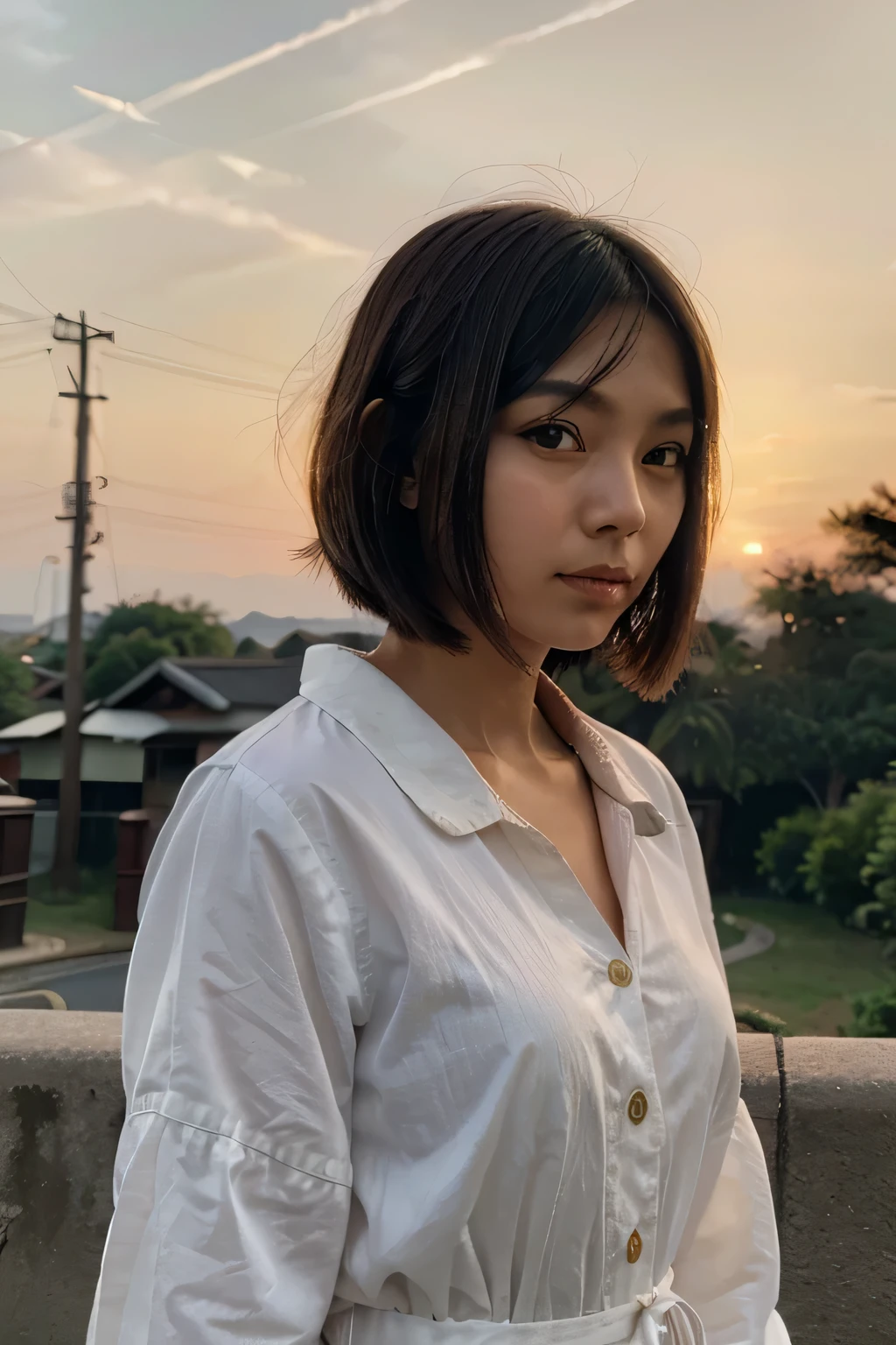 woman in bob watching the sunset, round face, Japanese