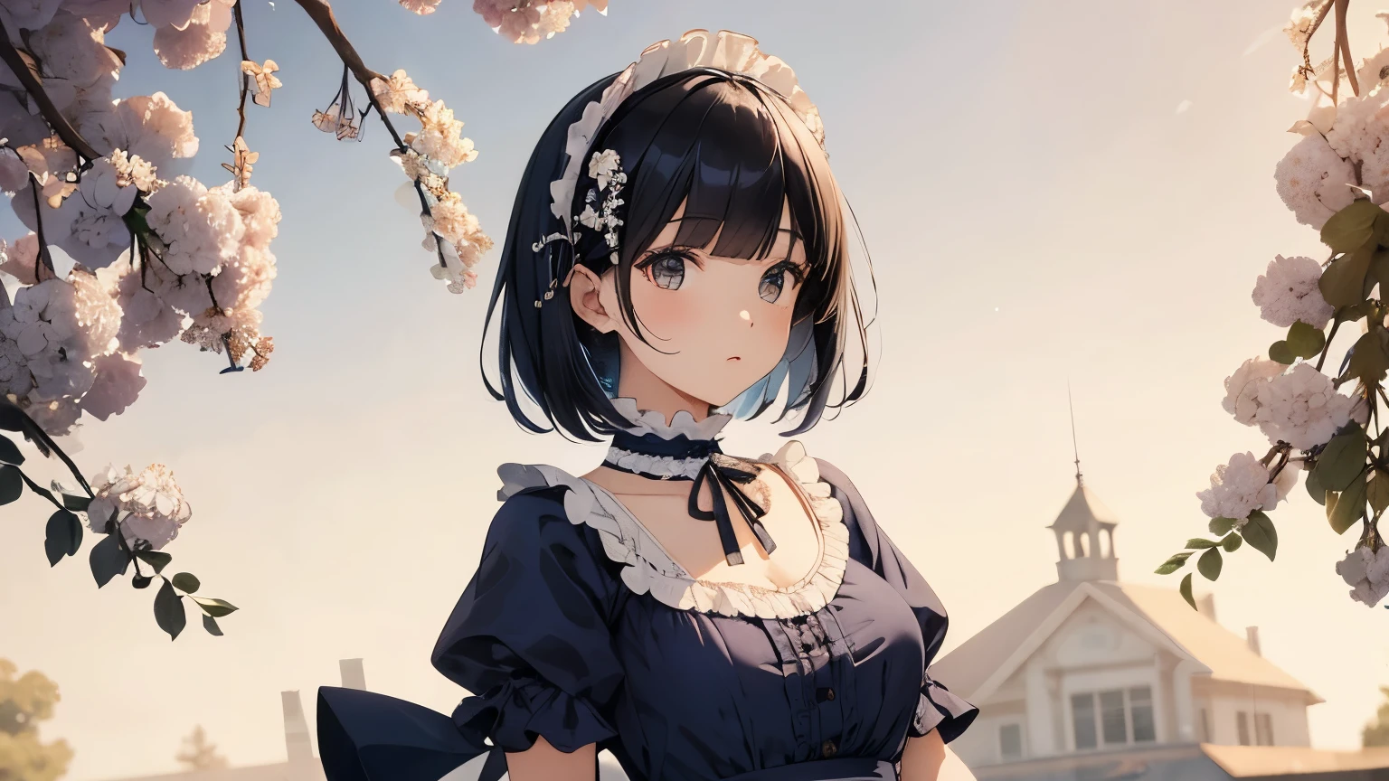 A beautiful woman wearing a navy blue and white sweet lolita dress with lots of frills and lace Black bob with hair ornament Upper Body