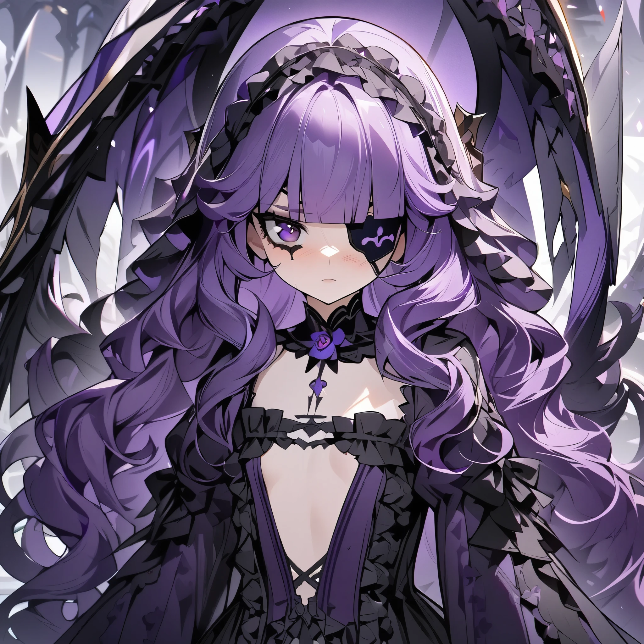 high quality,(High resolution:1.2),Incredible illustrations, (genshin impact) 1girl((black purple hair,wavy hair,blunt bangs,extremely long hair)(victorian black purple gothic lolita dress ,((Eye patch))((slender),flat chest,Archangel's Black Wings)(face close-up)(Steampunk)