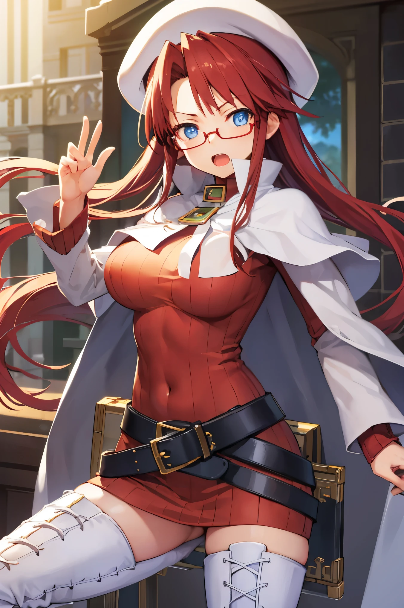 summonnightaty, aty, (young:1.3),long hair, blue eyes, red hair, large_beret, hat, glasses,
BREAK long hair, thighhighs, hat, dress, boots, glasses, belt, cape, sweater, zettai ryouiki, beret, thigh boots, white footwear, ribbed sweater, loose belt,solo,
BREAK outdoors, fantasy,on_cobblestone
,,Highquality_hads,perfect_fingers,
BREAK (masterpiece:1.2), best quality, high resolution, unity 8k wallpaper, (illustration:0.8), (beautiful detailed eyes:1.6), extremely detailed face, perfect lighting, extremely detailed CG, (perfect hands, perfect anatomy),covered_nipples,covered_navel ,half_eyes:,long_sword,armpit,sleepy,dynamic_fighting_pose,barrel,red_sweater,apart_legs,magical_effect,spread_legs, have_a_book,teacher,rise_knee,angry,open_mouth,rise_hand,shout,