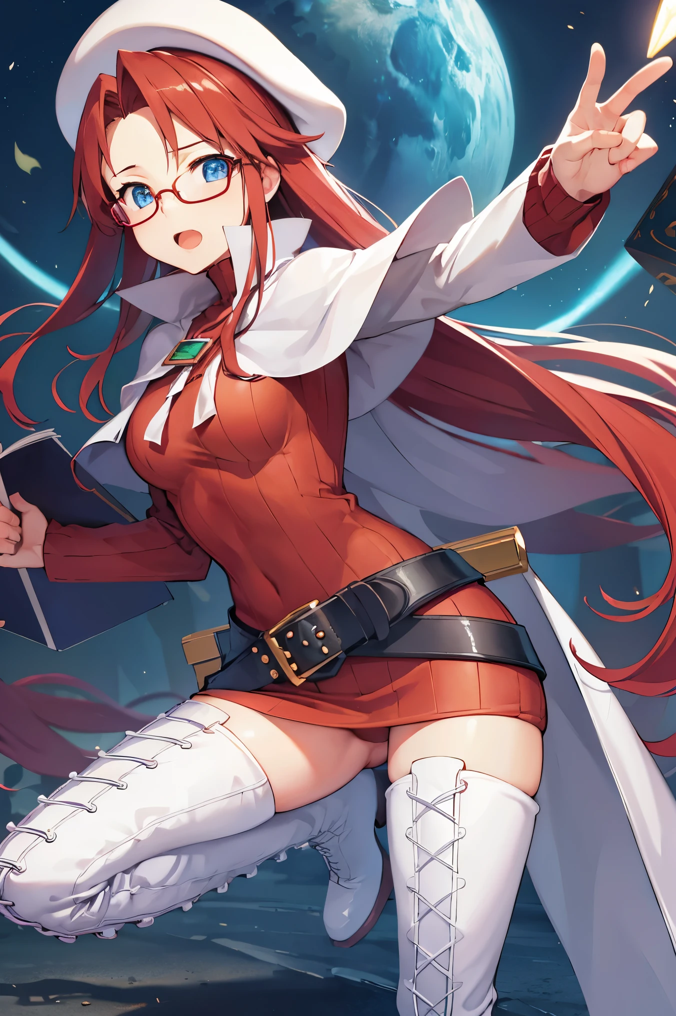 summonnightaty, aty, (young:1.3),long hair, blue eyes, red hair, large_beret, hat, glasses,
BREAK long hair, thighhighs, hat, dress, boots, glasses, belt, cape, sweater, zettai ryouiki, beret, thigh boots, white footwear, ribbed sweater, loose belt,solo,
BREAK outdoors, fantasy,on_cobblestone
,,Highquality_hads,perfect_fingers,
BREAK (masterpiece:1.2), best quality, high resolution, unity 8k wallpaper, (illustration:0.8), (beautiful detailed eyes:1.6), extremely detailed face, perfect lighting, extremely detailed CG, (perfect hands, perfect anatomy),covered_nipples,covered_navel ,half_eyes:,long_sword,armpit,sleepy,dynamic_fighting_pose,barrel,red_sweater,apart_legs,magical_effect,spread_legs, have_a_book,teacher,rise_knee,angry,open_mouth,rise_hand,shout,