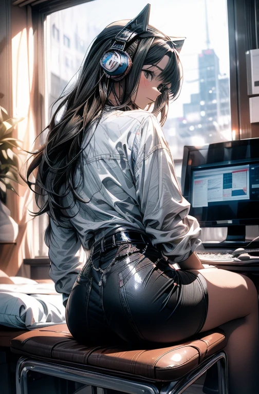 (from behind), Anime girl sitting in front of a computer in a cozy bedroom, Girl listening to music while studying in a cozy room (night), Using headphones, on the roof, (beautiful night views from windows), lots of things, 2D anime style, The aesthetics of anime in the 90s, lo-fi, very detailed, hard disk, A mix of anime style and Fujifilm, surreal, 8k, masterpiece