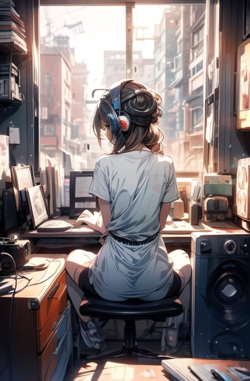(from behind), Anime girl sitting in front of a computer in a cozy bedroom, Girl listening to music while studying in a cozy room (night), Using headphones, on the roof, (beautiful night views from windows), lots of things, 2D anime style, The aesthetics of anime in the 90s, lo-fi, very detailed, hard disk, A mix of anime style and Fujifilm, surreal, 8k, masterpiece