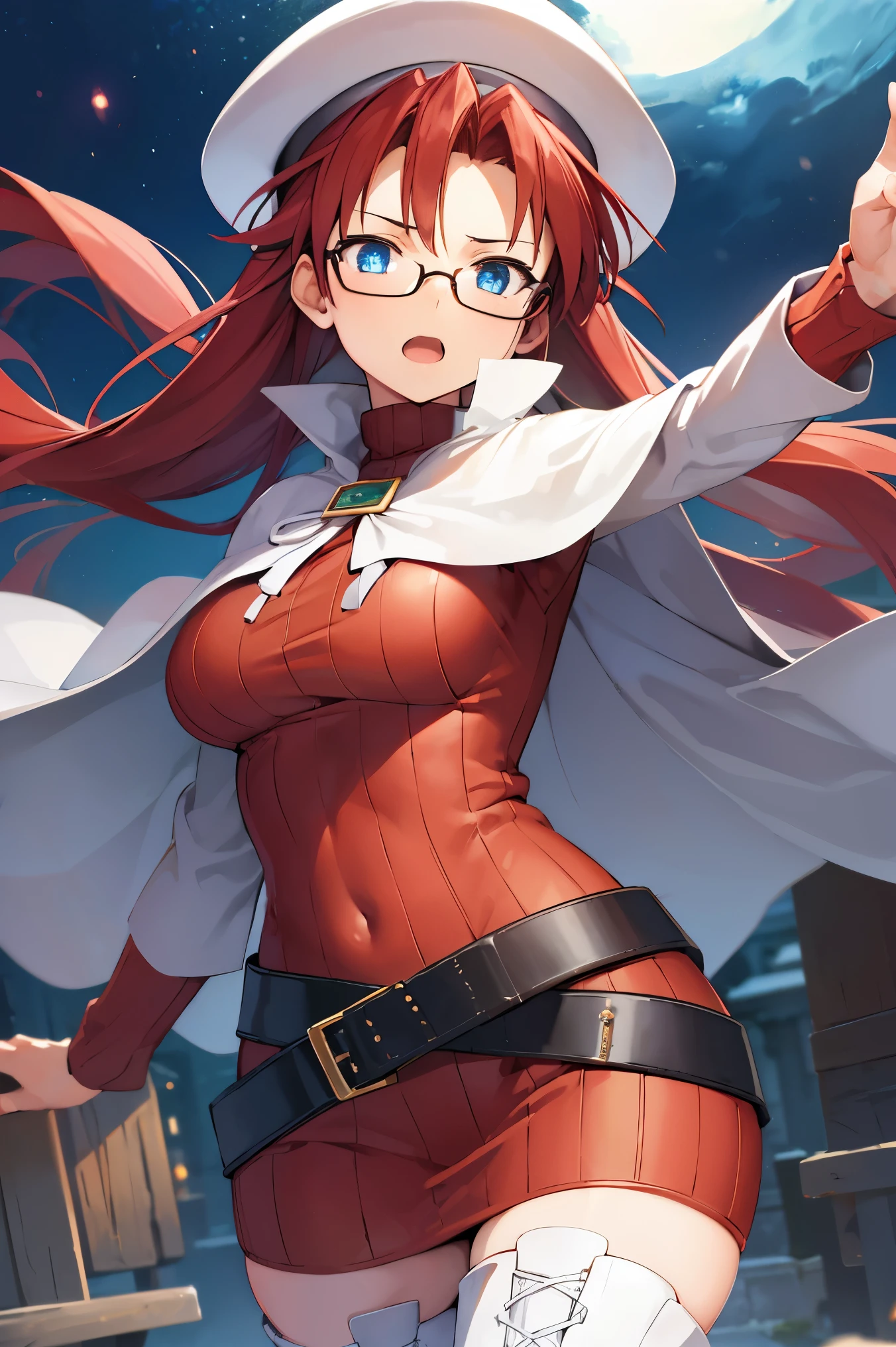 summonnightaty, aty, (young:1.3),long hair, blue eyes, red hair, large_beret, hat, glasses,
BREAK long hair, thighhighs, hat, dress, boots, glasses, belt, cape, sweater, zettai ryouiki, beret, thigh boots, white footwear, ribbed sweater, loose belt,solo,
BREAK outdoors, fantasy,on_cobblestone
,,Highquality_hads,perfect_fingers,
BREAK (masterpiece:1.2), best quality, high resolution, unity 8k wallpaper, (illustration:0.8), (beautiful detailed eyes:1.6), extremely detailed face, perfect lighting, extremely detailed CG, (perfect hands, perfect anatomy),covered_nipples,covered_navel ,half_eyes:,long_sword,armpit,sleepy,dynamic_fighting_pose,barrel,red_sweater,apart_legs,magical_effect,spread_legs, have_a_book,teacher,rise_knee,angry,open_mouth,rise_hand,shout,