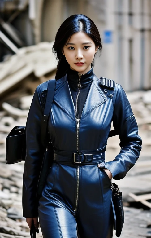 There was a woman dressed in black and dark blue leather.,) Outdoors amidst the rubble of crumbling buildings., 8k Photos, Shot with a high quality Fuji 45 camera.,000,000 pixels, open aperture, warm light,) in black dress, Wear tight clothing., Photo of a woman using technology, Wear technology suits and armor., cybersuits, in black military uniform, cyberpunk outfit, Wear tight black clothing., Cute girl wearing a tank dress, iu lee ji-eun in the role of supervillain, oppai cyberpunk, Female Spy