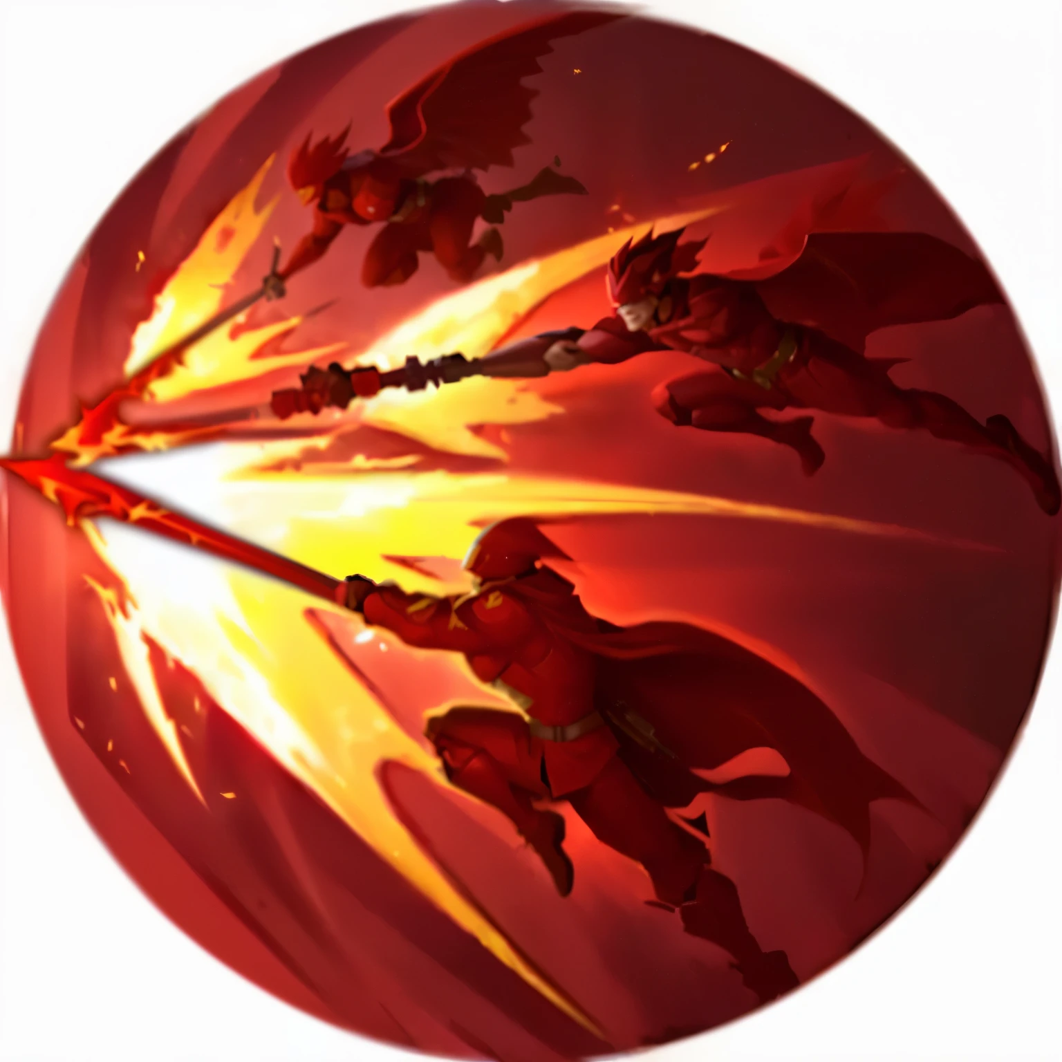 Wearing a red suit、Cartoon image of a man holding a sword, Avatar pictures, jumping leaping heroic attack, Daredevil, heroic action pose, Firebending, Vermilion Phoenix Flying, Firepower, Epic legend game icon, Fierce Battle, heroic charge, heroic!!!, Fierce battles, Britney Lee, devil, heroic scene, heroengine, Embers flying, Flash explosion
