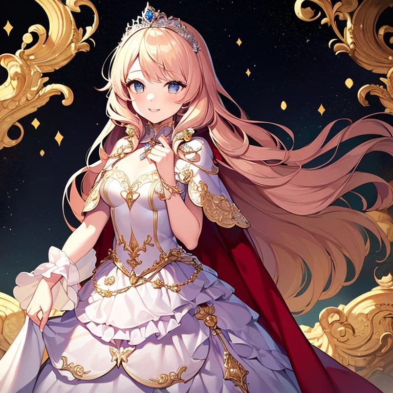 (kawaii),(best quality),(ultra detailed),(rococo style),(long train pastel pink cape:1.15), very long cape,(long train white ball gown with flower decorations:1.1), a girl is wearing a cape over her gown, 1 little princess, tiara, smile, very long hair, small breasts, beautiful detailed eyes, beautiful detailed lips, looking at viewer