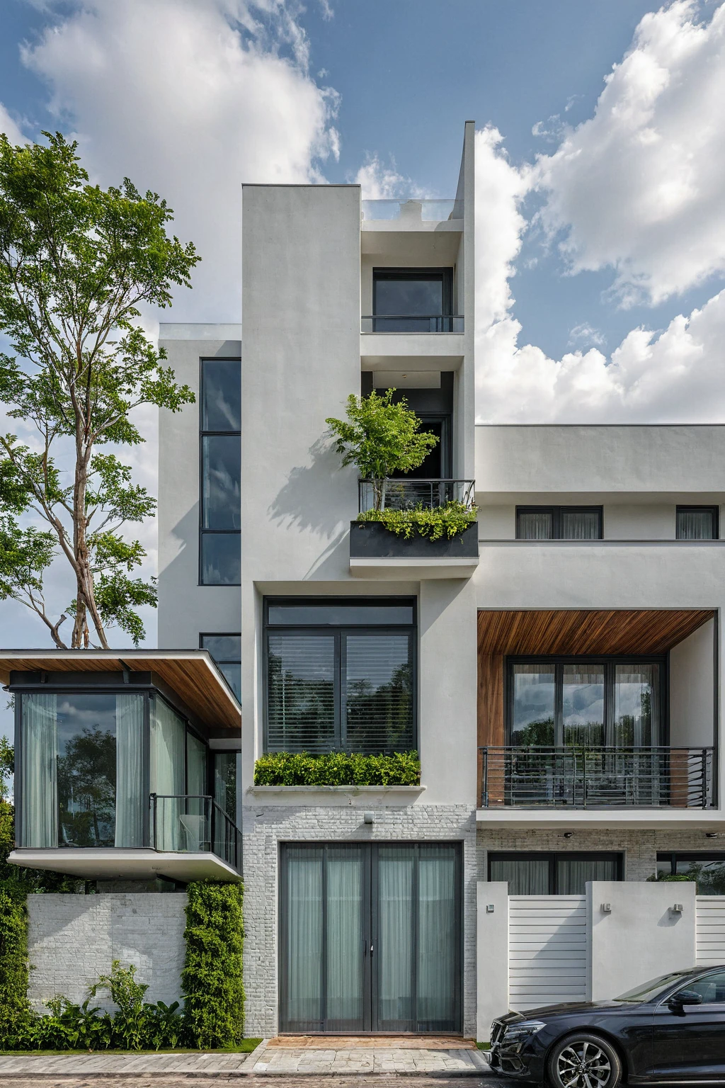Masterpiece, high quality, best quality, authentic, realistic scene, super detail, outdoors, house on the street ,white wall, glass window, steel gate, road, pavement, grass, trees, sky, cloud, car (daylight:1.1)