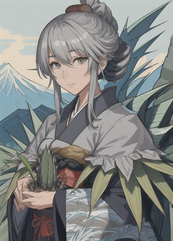 Close-up photo of a Japanese woman holding an agave, Mountainous Regions,Gray Hair