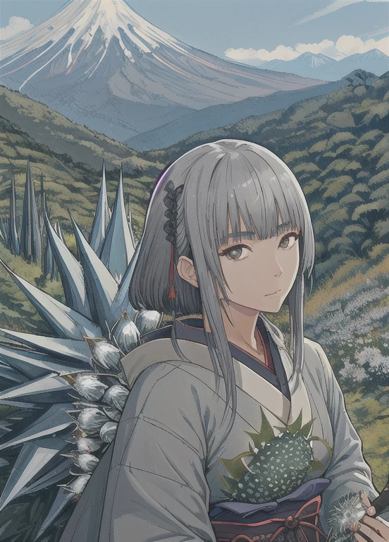 Close-up photo of a Japanese woman holding an agave, Mountainous Regions,Gray Hair