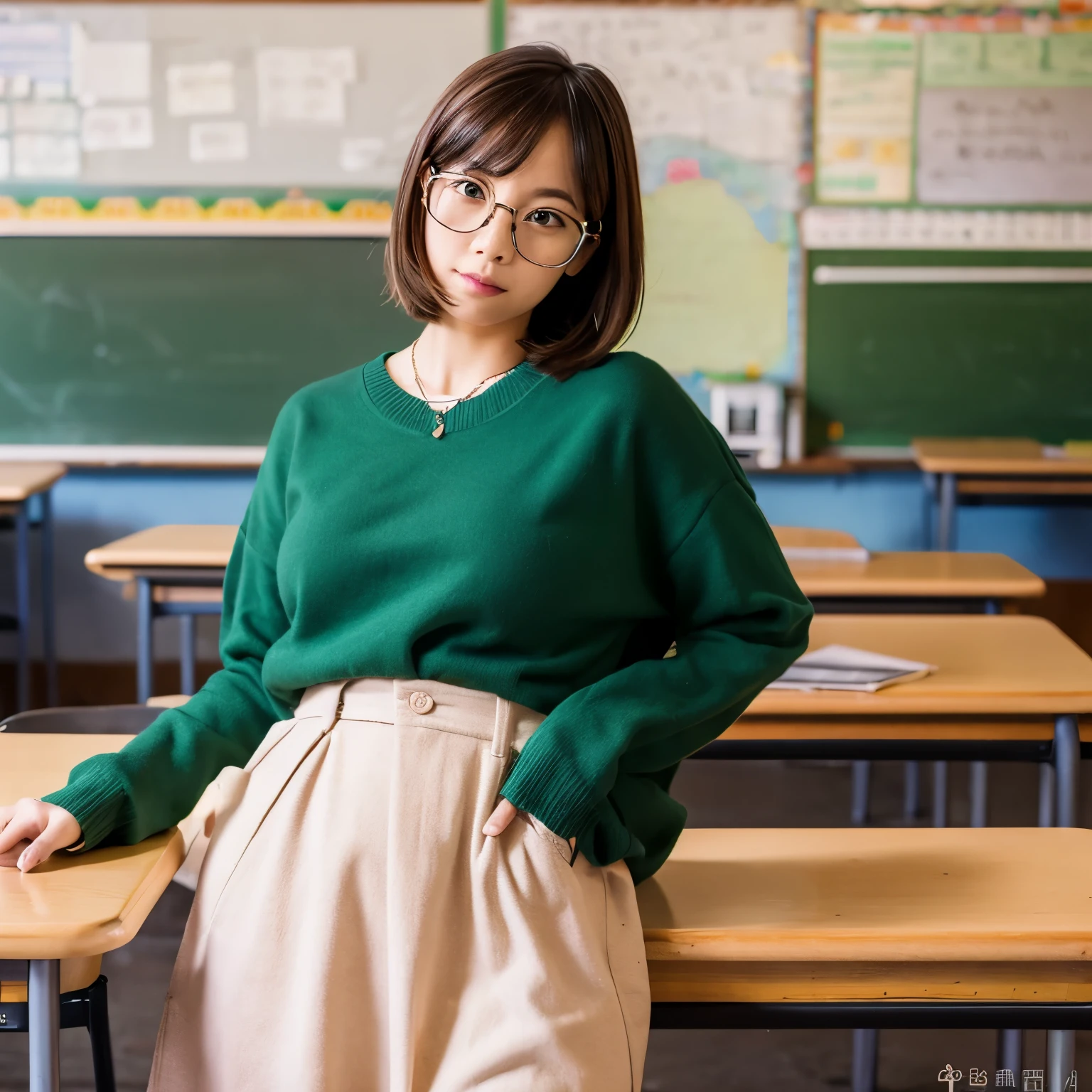 female teacher slouch Saggy breasts Valley view Slipping Glasses Bobcut Long sleeve