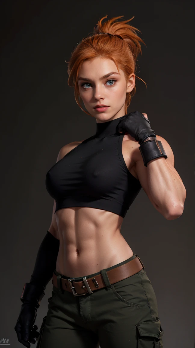 (Muscular:1.1), Kim Possible, 30 year old, wearing (Orange-red hair, green eyes, confident expression, black crop top, black gloves, brown belt, green cargo pants:1.1), bokeh, (freckles:0.8), upper body view, bokeh, detailed eyes, (athletic body:1.0), (muscular body:1.1), (looking at viewer), (swaggy, defying look:1.4), dark studio, rim lighting, two tone lighting, dimly lit, low key (DETAILED SKIN)