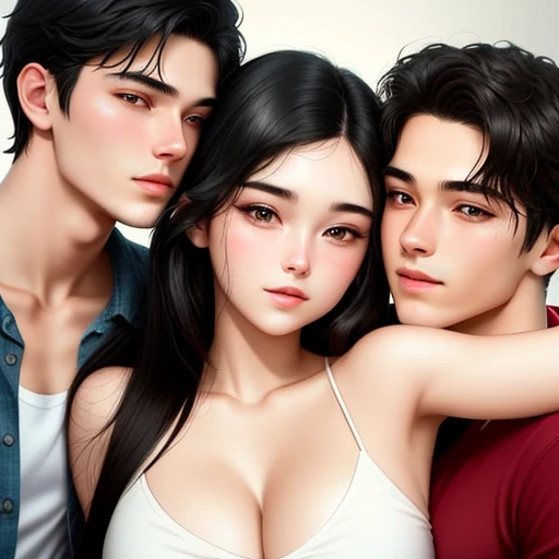 Two Man and two woman, aggressive kissing kiss, staring intently to eyes. No one look at front. Man Hugging woman from back and kissing, Lovers. Hand on the waist. Hand on the neck. Hand on the face. 
20-year-old boy and 18-year-old girl. Detailed face, Detailed eyes, double eyelid, cute, sunny, warm vibes, Handsome-cool-warm-boy with black hair and hot-seductive-sexy-cute-beautiful-girl with black hair and blushing face. Intimate vibes. 