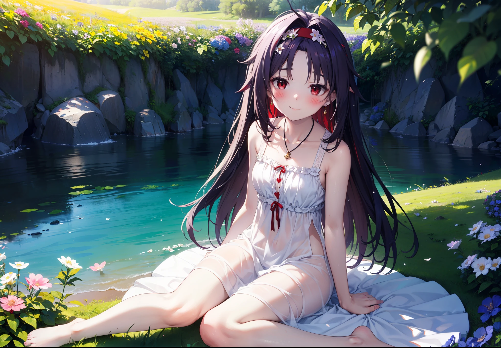 yuukikonno, Konno Yuuki, hair band, Long Hair, Pointed Ears, Purple Hair, (Red eyes:1.5), (Small breasts:1.2), Squint both eyes,blush,happy smile, smile, Close your mouth,White sleeveless dress,Bare arms,Heart Pendant,Long skirt,Barefoot flower crown,whole bodyがイラストに入るように,Sitting,Looking up from below,
break looking at viewer, whole body,
break outdoors, nature,Flower Field,Large Lake,
break (masterpiece:1.2), highest quality, High resolution, unity 8k wallpaper, (figure:0.8), (Beautiful fine details:1.6), Highly detailed face, Perfect lighting, Highly detailed CG, (Perfect hands, Perfect Anatomy),