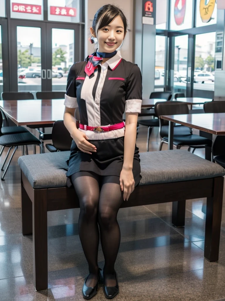 masterpiece, best quality, 1 girl, solo, 20 years old, (flat chest:1.3),skinny, Perfect Face, beautiful, extremely long hair, bangs, jal uniform, church, black pantyhose, pink lace panty, panties under pantyhose, japanese, (skirt lift:1.1), (show off panties:1.1), embarrassed, sit on a bench, full body,