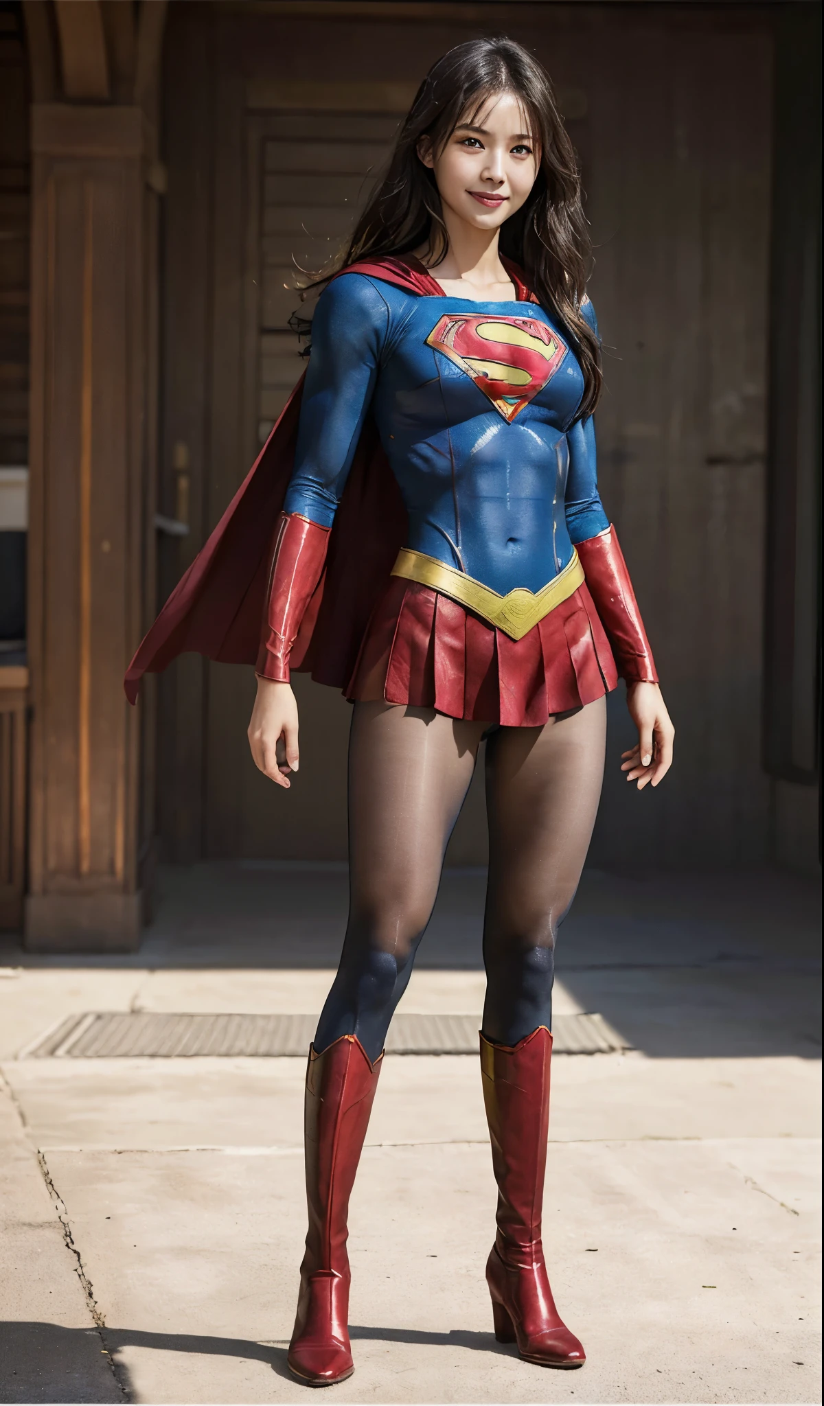 No background、(((Beautiful legs in black tights.)))、(((Legally express the beauty of your smile)))、((((Make the most of your original images)))、(((Supergirl Costume)))、(((Beautiful Hair)))、(((suffering)))、(((Please wear black tights....、Wear red boots)))、((Best image quality、8k))、((highest quality、8k、masterpiece:1.3))、(((Preserve background )))、Sharp focus:1.2、Beautiful woman with perfect figure:1.4、Slim Abs:1.2、Wet body:1.5、Highly detailed face and skin texture、8k