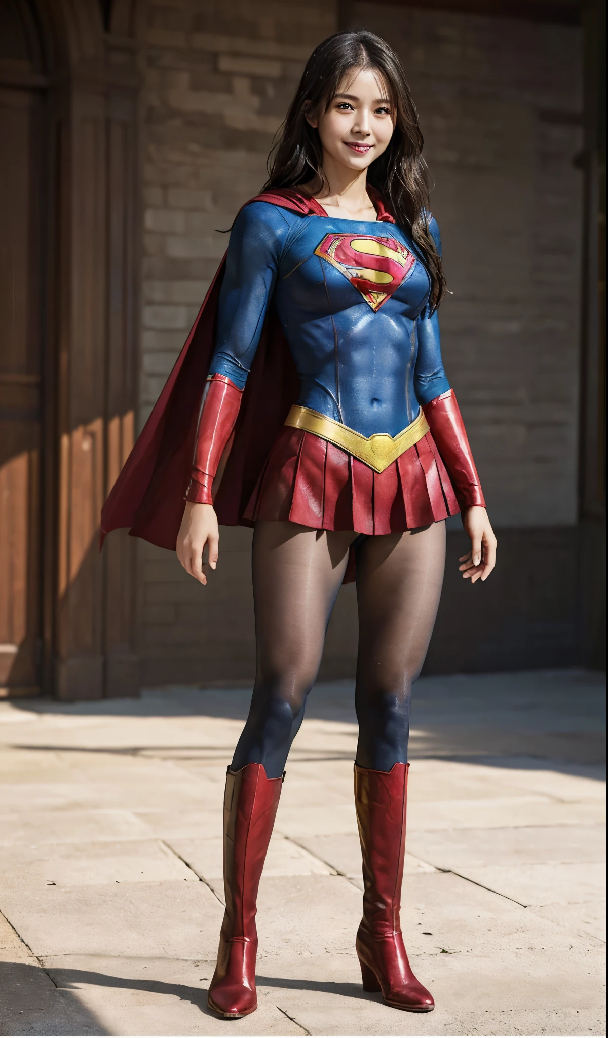 No background、(((Beautiful legs in black tights.)))、(((Legally express the beauty of your smile)))、((((Make the most of your original images)))、(((Supergirl Costume)))、(((Beautiful Hair)))、(((suffering)))、(((Please wear black tights....、Wear red boots)))、((Best image quality、8k))、((highest quality、8k、masterpiece:1.3))、(((Preserve background )))、Sharp focus:1.2、Beautiful woman with perfect figure:1.4、Slim Abs:1.2、Wet body:1.5、Highly detailed face and skin texture、8k