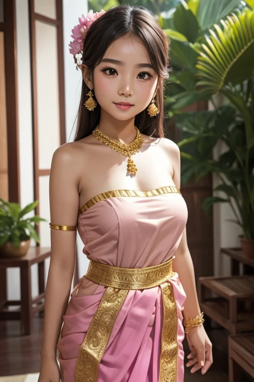 Young girl, Thai traditional dress Pink strapless Thai dress Wear a brown sarong. Magnificent gold jewelry, Thai strapless dress, Thai tradition