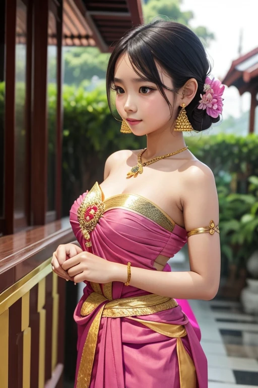  girl, Thai traditional dress Pink strapless Thai dress Wear a brown sarong. Magnificent gold jewelry, Thai strapless dress, Thai tradition