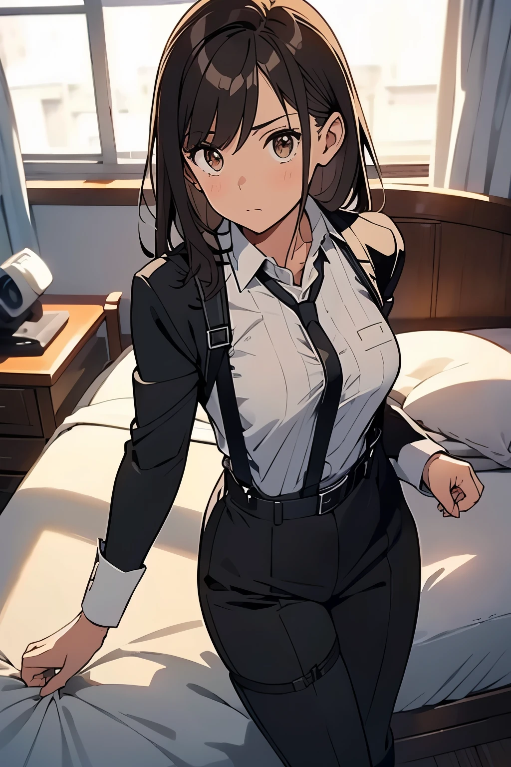 Brown Hair、Staring at the audience Black suspenders bulging big breasts wall: Black pantsuit sight Small face holster Beautiful woman Show your hand Lying in bed sight Taunt side side汗 arm Dress shirt Black Suit belt