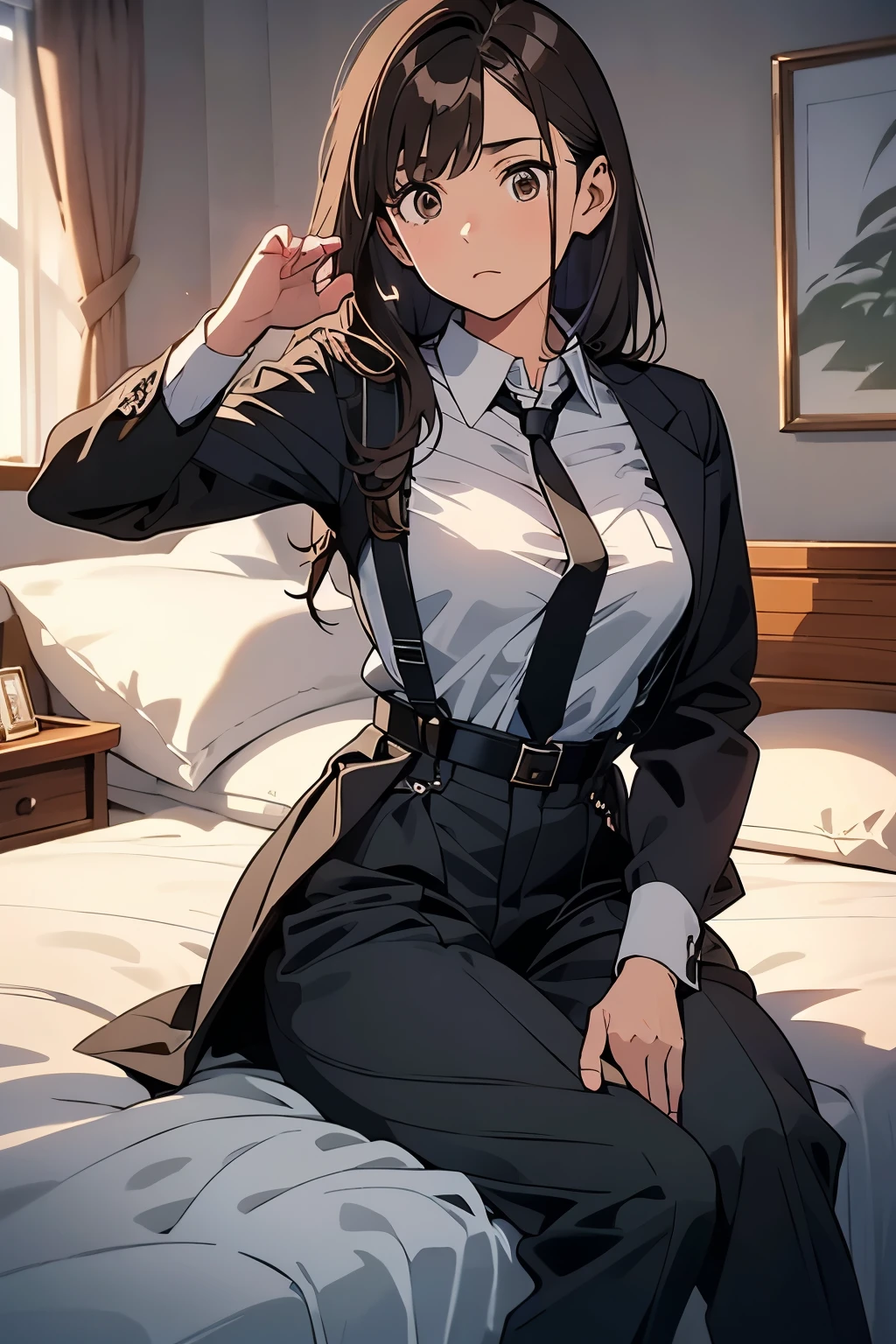 Brown Hair、Staring at the audience　　　Black suspenders　　　bulging big breasts　　 　 　　　wall: 　Black pantsuit　　　　　　sight　　　Small face　 　　　holster　　　Beautiful woman　　Show your hand　　 Lying in bed　　sight 　　Taunt　side　side汗 　arm　Dress shirt　Black Suit　belt