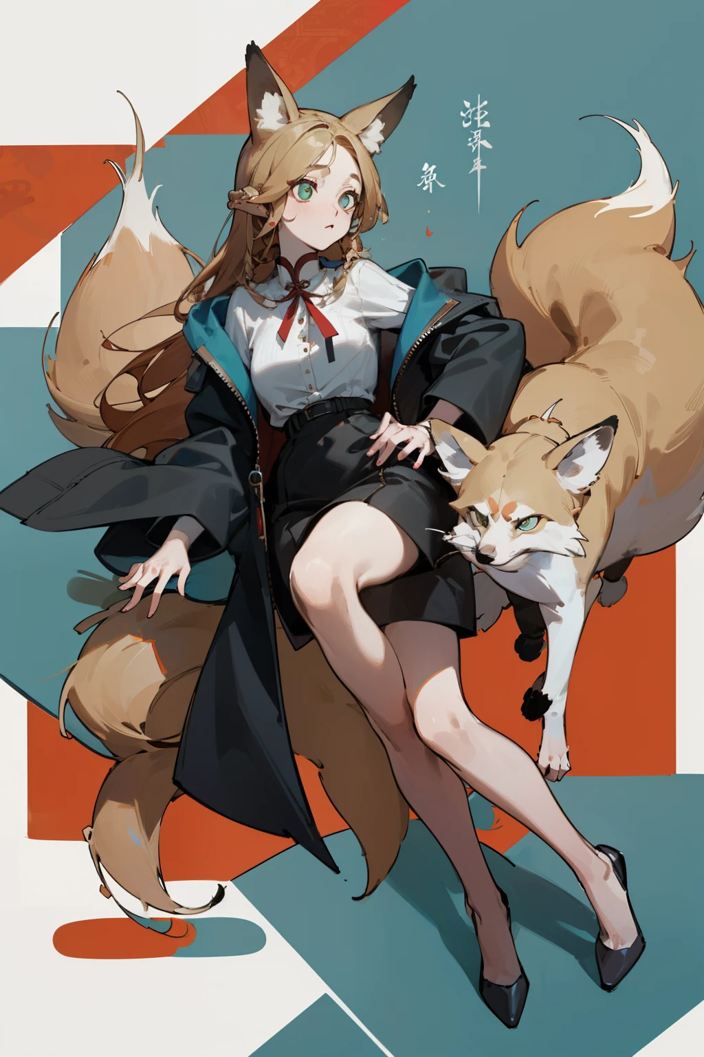 (masterpiece, best quality) detailed, Wearing black long coat, Cyan accessories , The zipper is not closed , Brunette ,Intellectual, (Fox ears),Red Eyeshadow, ,whole body,Chinese element pattern,thigh,漏出thigh,White shirt,designer touch。