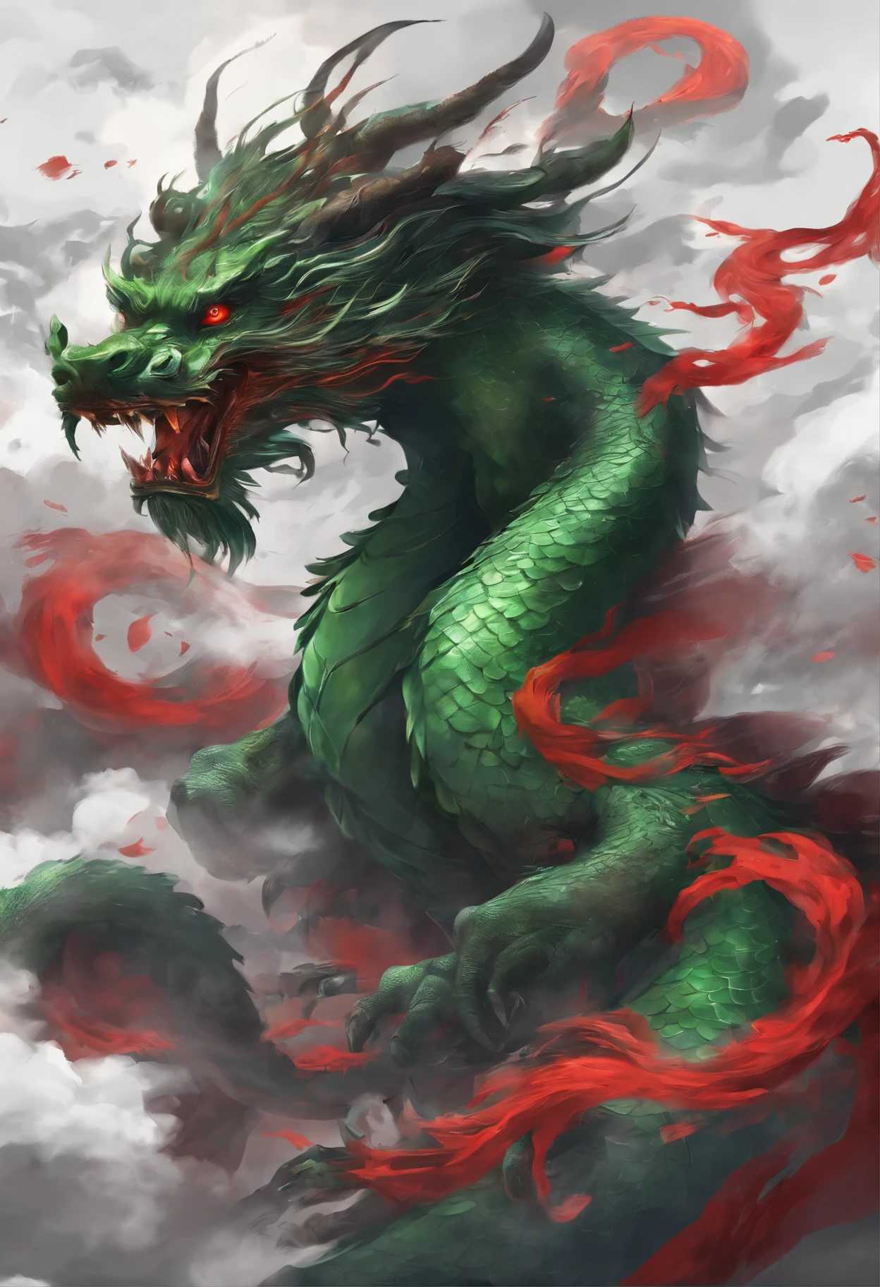 Chinese style，Chinese mythology，Chinese Green Dragon，tosen，violent，Huge，Eyes glow red，Glow effect，Surrounded by clouds，Thick Clouds，building，Medium shot scenes，Like the whole body， Highly detailed surreal VFX，OC Rendering，