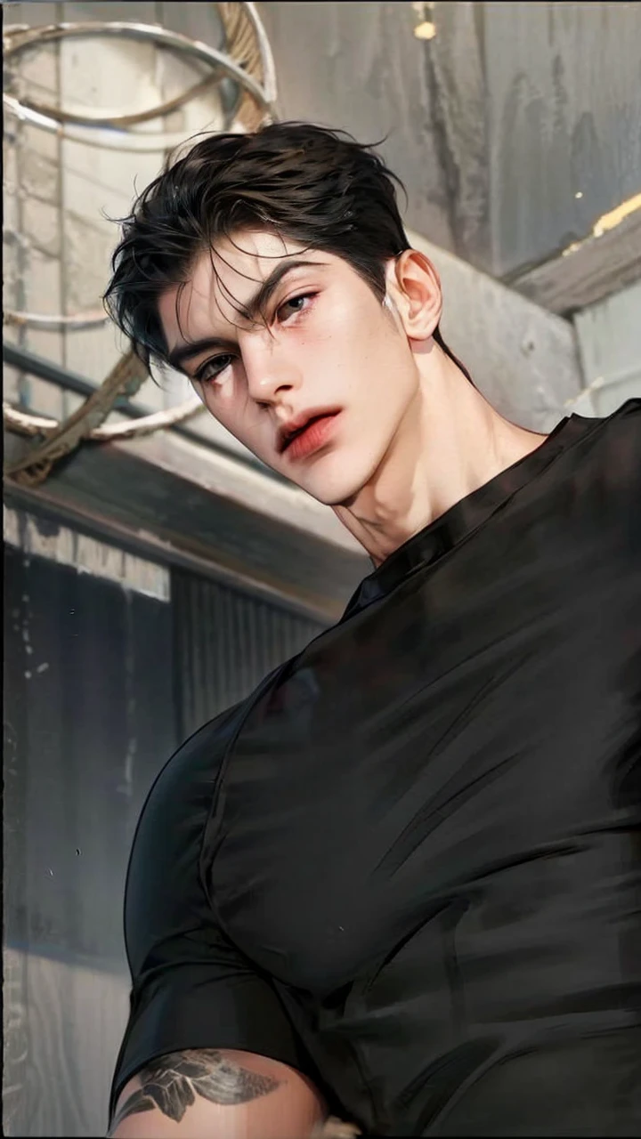 Masterpiece of man, Adult man with firm facial features like an Dutch, black eyes, his nose is sharp, mature, black eyes, neat short black hair, very handsome, white, clean, smooth skin, muscle realistic, 