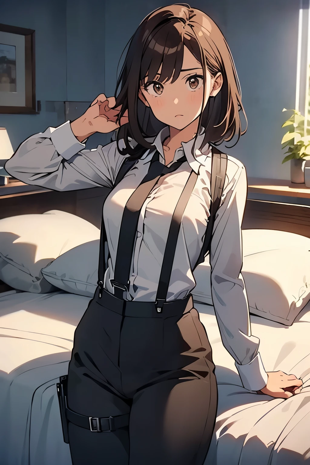 Brown Hair、Staring at the audience　　　Black suspenders　　　bulging big breasts　　 　 　　　wall: 　Black pantsuit　　　　　　sight　　　Small face　 　　　holster　　　Beautiful woman　　Show your hand　　 Lying in bed　　sight 　　Taunt　side　side汗 　arm　Dress shirt　Black Suit　belt