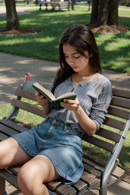 During a summer golden hour in a picturesque park, a medium shot captures a woman sitting on a wooden bench, deeply engrossed in a book. Her beautifully toned legs are shown properly, highlighting her fitness. Surrounded by lush greenery and flowers, she radiates happiness with a gentle smile. The golden sunlight filters through the trees, casting a warm glow on her focused face. The serene atmosphere is enriched by the rustling leaves, birds chirping, and distant laughter, encapsulating a moment of pure, unhurried pleasure in reading.