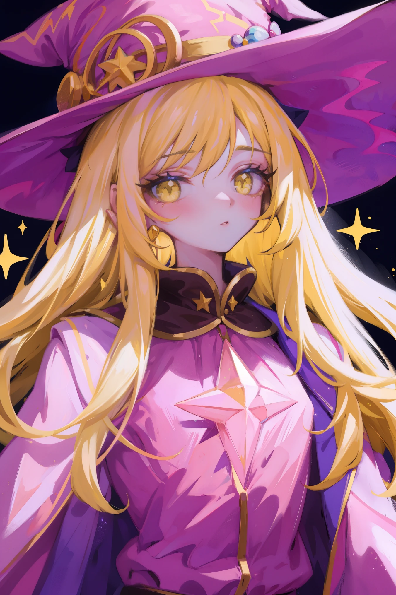 Witch Girl, Upper body, yellow hair, pink hat, pink suit, glitter, transparent background