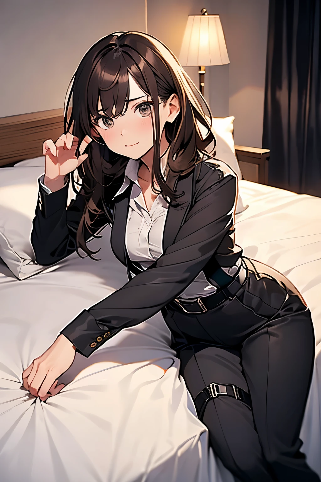 Brown Hair、Staring at the audience Black suspenders bulging big breasts wall: Black pantsuit sight Small face holster Beautiful woman Show your hand Lying in bed sight Taunt side side汗 arm Dress shirt Black Suit belt