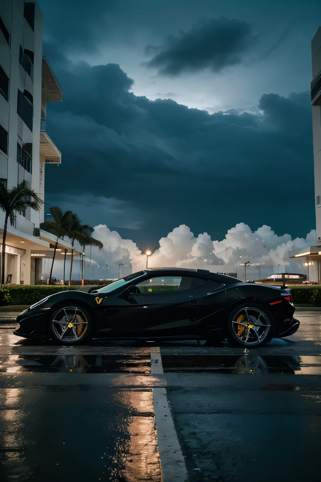 night photo, cinematic photo of black Ferrari side view, Miami, rainy weather, perfect lighting, vibrant, high detailed, epic
