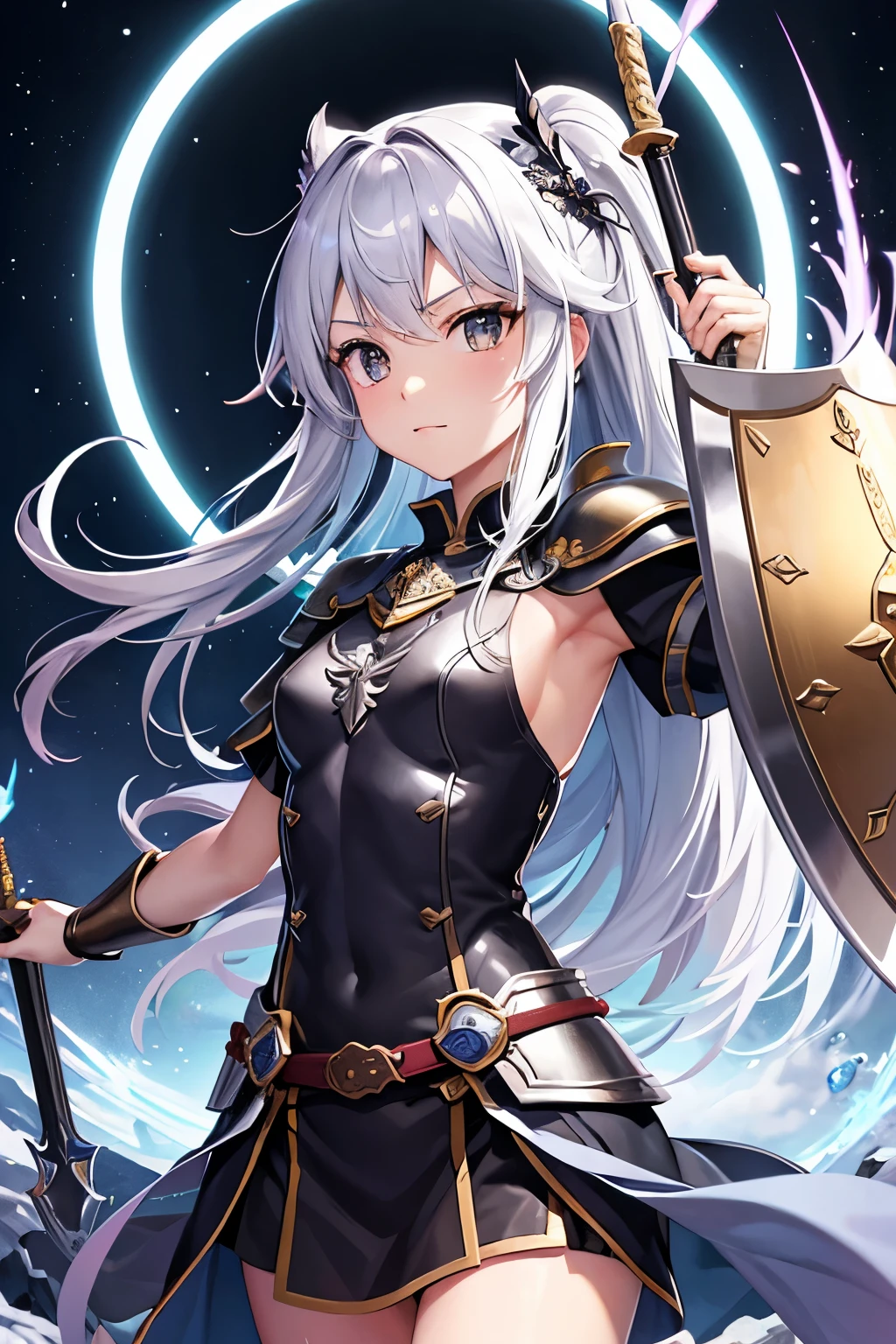 （（（highest quality、first-clasasterpiece、Normal body、8k、Detailed face、Ultra-precision、Normal hand、Normal finger、５Finger、）））Brightly colored hair、Rainbow black silver hair、Small breasts、Flexible body、Brave、Braveの剣、Braveの鎧、Braveの兜、伝Braveの盾、伝説のBrave、Legendary Sword、Legendary Shield、Legendary armor、legendary helmet、光のBrave、Sword of Light、Shield of Light、Armor of Light、Helmet of Light