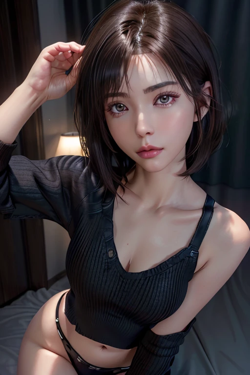 (Representative works: 1.3), (8k, Realistic, RAW Photos, Best image quality: 1.4), (30 year old mature woman),Small face, Beautiful Face, (Realistic face),No makeup、Natural Makeup、light makeup、 (Dark brown, short hair: 1.3), Beautiful Hairstyles, Realistic eyes, Fine and beautiful eyes, (Realistic肌), Beautiful Skin, (sweater),、Bust E cup、 valley、Calvin Klein Underwear,Calvin Klein Bra、Calvin Klein Pants、Confused, charm, 超High resolution, Super Realistic, High resolution, Golden Ratio, Final Fantasy Tifa、Gray background、Gal、