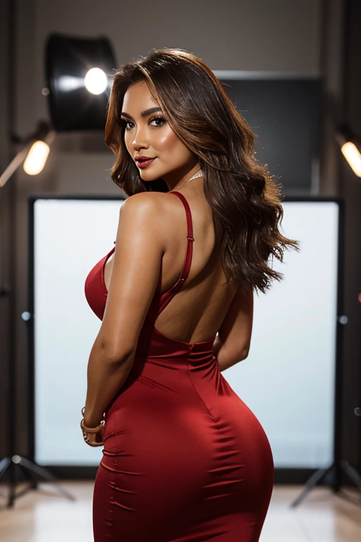 A seductive television presenter, adorned in a figure-hugging red dress that accentuates her curves, standing confidently in the middle of a dimly lit studio. Her long, silky hair cascades down her back, framing her flawless face perfectly. Her lips are painted a deep shade of red, inviting and alluring. The television host's eyes are fixed on something off-camera, a playful glint in them as she tilts her head slightly to the side. She is surrounded by an aura of confidence and sex appeal that is palpable, even through the screen. The studio itself is minimalistic yet elegant, with soft, warm lighting that highlights her figure. In the background, one can see the reflection of various camera equipment and monitors, as if they're all watching her intently. The image captures the essence of the sexy and seductive television presenter, her magnetic presence drawing the viewer in and making them want to be a part of her world.