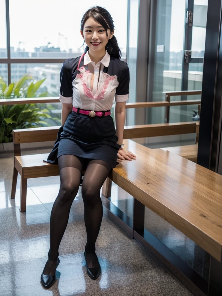 masterpiece, best quality, 1 girl, solo, 20 years old, (flat chest:1.3),skinny, Perfect Face, beautiful, extremely long hair, jal uniform, church, black pantyhose, pink lace panty, panties under pantyhose, japanese, (skirt lift:1.1), (show off panties:1.1), embarrassed, sit on a bench, full body,looking through legs