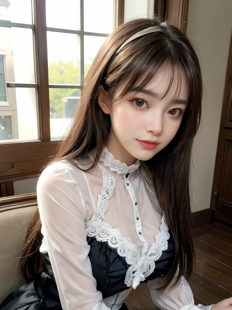 {Highly detailed 8k wallpaper},{masterpiece},{highest quality},{{{{{doll}}}}},{{Bold}},,{Brown long hair、See-through bangs},{{{{Smile}}}},,{One girl},Beautifully detailed glass eyes,Processed Hair,Gorgeous Hair,Surreal,Gothic,Classic décor,sit,zoom in on eyes,Focus on the eyes,Rococo style,{{Silk thread}}