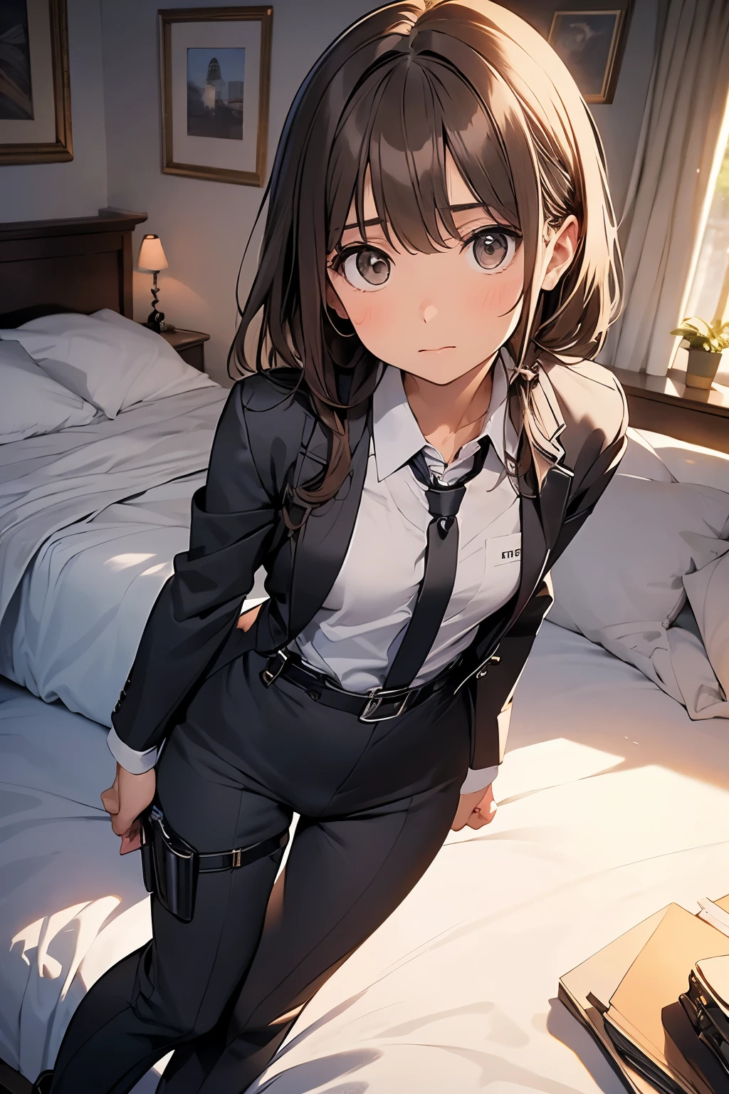 Brown Hair、Staring at the audience　　　Black suspenders　　　bulging big breasts　　 　 　　　wall: 　Black pantsuit　　　　　　sight　　　Small face　 　　　holster　　　Beautiful woman　　Show your hand　　 Lying in bed　　sight 　　Taunt　side　side汗 　arm　Dress shirt　Black Suit　belt