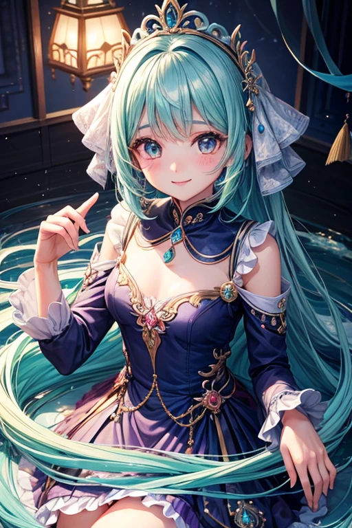  Seorang perempuan sedang duduk di kursi kerja, rambut panjang warna Aqua, tersenyum manis kearah kita, memakai pakaian putih, rok hitam pendek v4, detail , smile high, blush, HD , high quality,detailed ,anime art, unity k8