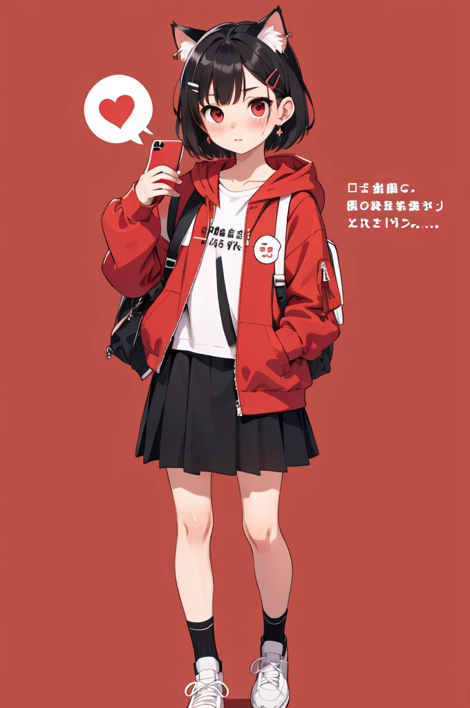 1girl,red eyes,red background,hood,backpack,cat,red hoodie,drawstring,black hair,shoes,hood down,hoodie,long sleeves,solo,bag,holding,hair ornament,english text,socks,earrings,white footwear,bangs,looking at viewer,jewelry,sneakers,phone,standing,blush,full body,skirt,medium hair,black socks,hairclip,red theme,speech bubble,holding phone,closed mouth,cellphone,sleeves past wrists,animal,short hair,simple background,black skirt,romaji text,