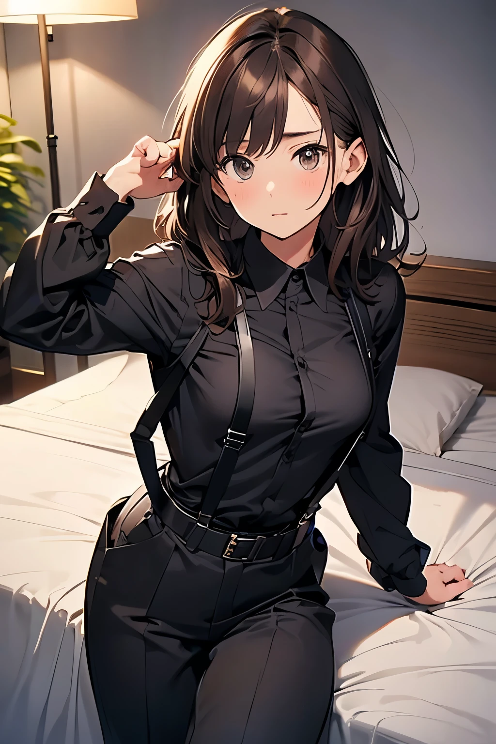 Brown Hair、Staring at the audience　　　Black suspenders　　　bulging big breasts　　 　 　　　wall: 　Black pantsuit　　　　　　sight　　　Small face　 　　　holster　　　Beautiful woman　　Show your hand　　 Lying in bed　　sight 　　Taunt　side　side汗 　arm　Dress shirt　Black Suit　belt