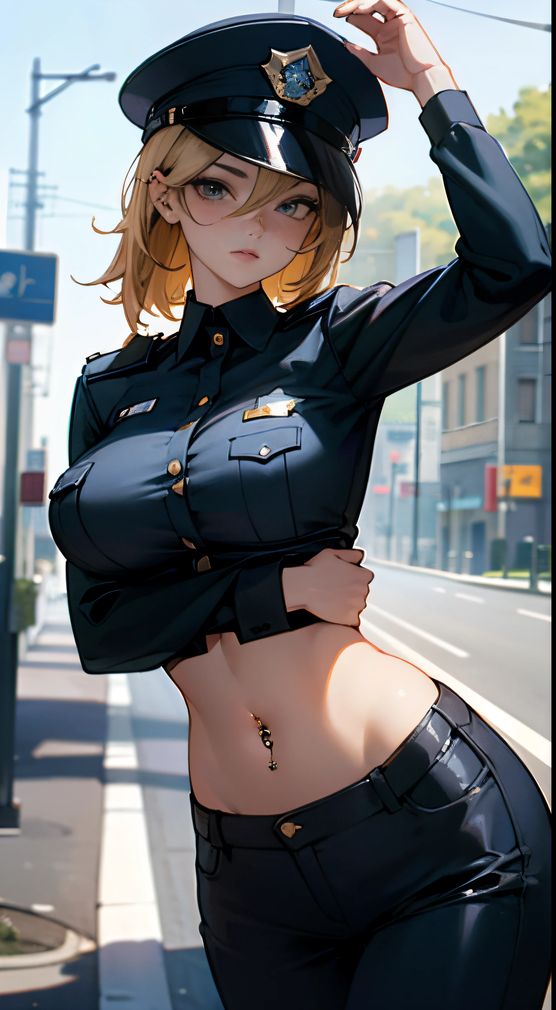 Sexy police girl named emma, standing on street road, wearing police uniform, sexy police girl on road, sexy, beautiful girl, pretty face, beautiful face, wearing American police dress, big breasts, realistic, photorealistc, high quality, 4k, detailed face, ultra realistic, High quality: 1.9, detailed eyes, stylish pose, sexy pose, photography, photoshoot, ((navel piercing))
