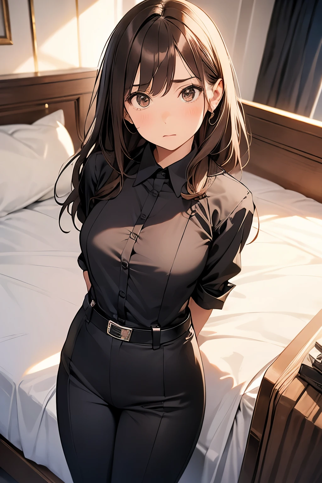 Brown Hair、Staring at the audience　　　Black suspenders　　　bulging big breasts　　 　 　　　wall: 　Black pantsuit　　　　　　sight　　　Small face　 　　　holster　　　Beautiful woman　　Show your hand　　 Lying in bed　　sight 　　Taunt　side　side汗 　arm　Dress shirt　Black Suit　belt