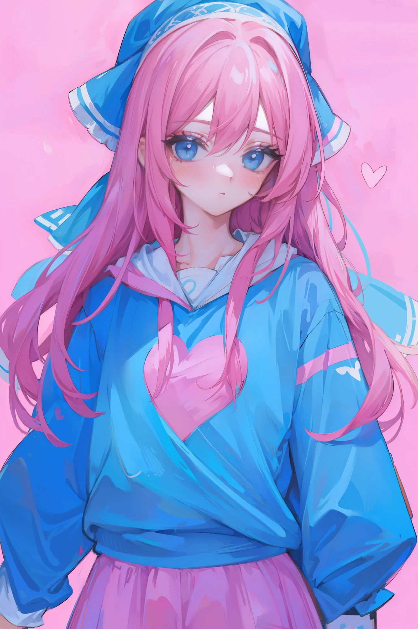 Young woman, Pink hair, , blue clothes, hearts, simple background
